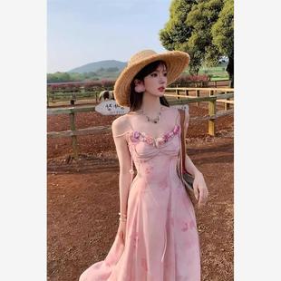 海边度假长短款 手工花朵绝美吊带裙 超仙雪纺连衣裙女2024夏季 新款