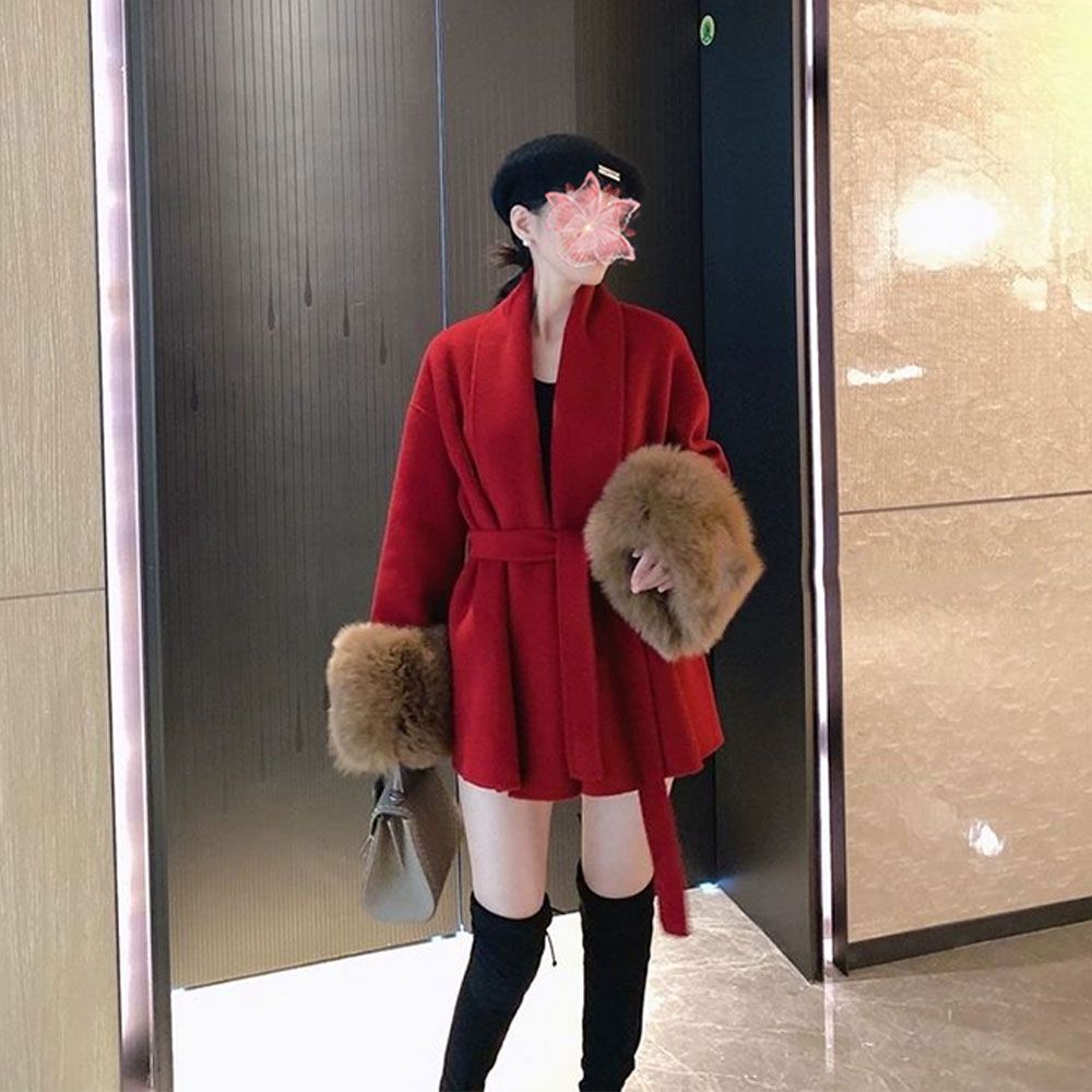 法式复古红色双面呢大衣