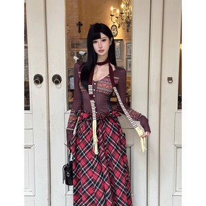 苏格兰妖姬小众设计高级费尔岛印花格子棉长款连衣裙2025新款