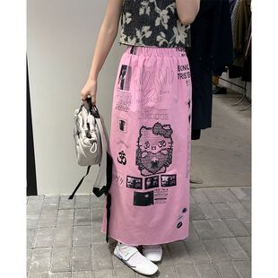 周美美虚拟数码HelloKitty千禧低像素印花弹力毛边半身裙