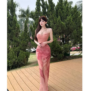 法式 大碼 mm海邊度假性感印花吊帶連衣裙春季 新款 顯瘦裙子 氣質修身