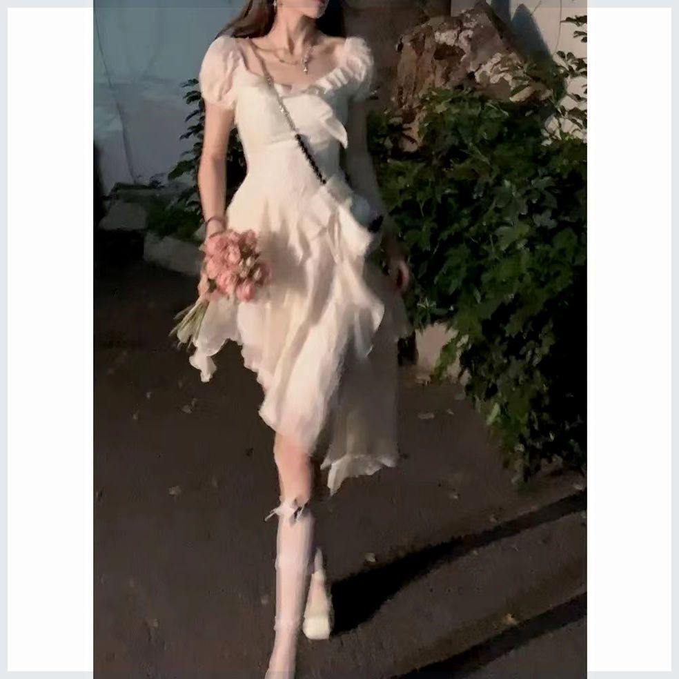 "梦游爱丽丝"黑白色两穿连衣裙夏新款荷叶边仙女长短款不规则短裙