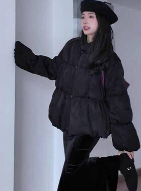黑色羽丝绒棉服女冬季高