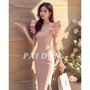 法式赫本风正式场合修身长裙高级感小众设计粉色飞飞袖连衣裙女夏