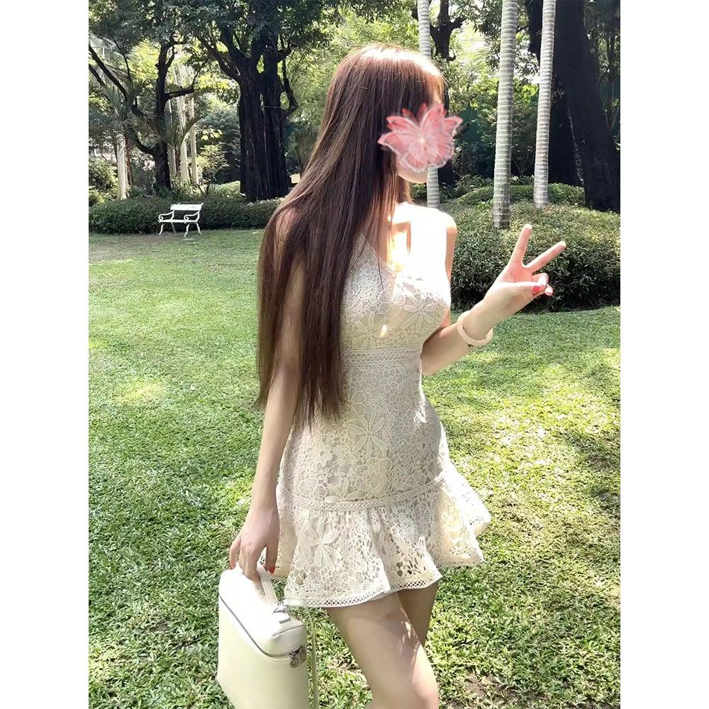 法式无袖吊带蕾丝连衣裙