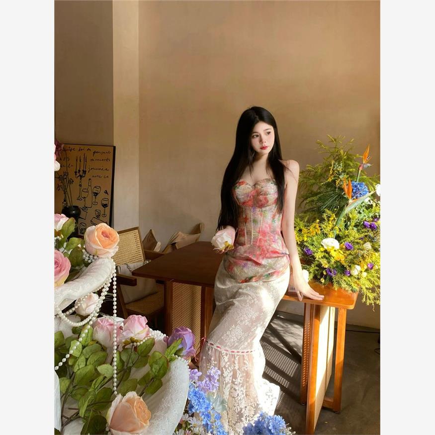 优雅浪漫时髦精致印花抹胸上衣别致小众蕾丝半身裙两件套女夏季款