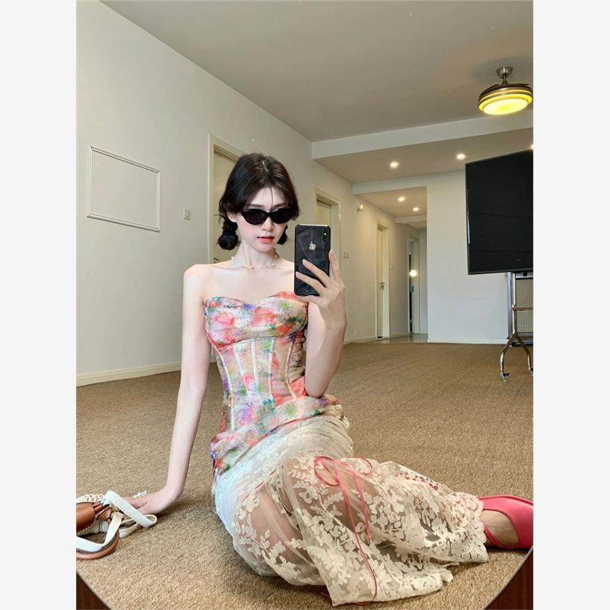 性感碎花抹胸上衣高腰蕾丝设计半身裙两件套女夏季度假风显瘦套装