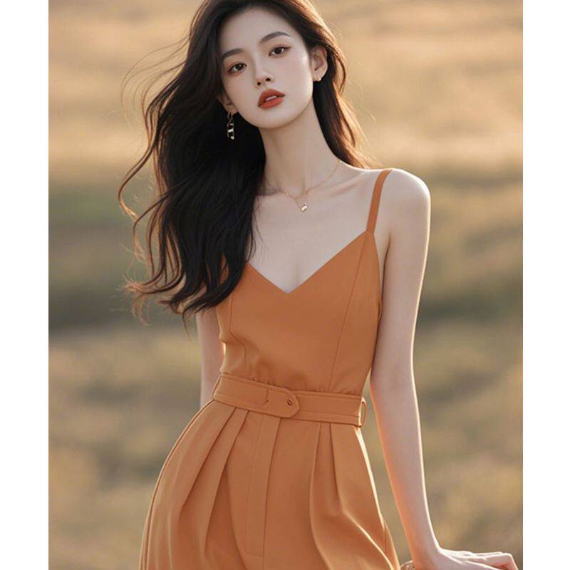 橘色吊带连体裤2024新款冬装高端气质女神范小个子御姐风职业套装