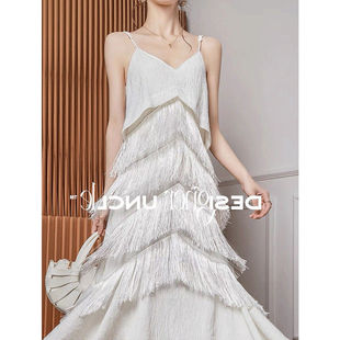 法式茶歇白色吊带连衣裙女流苏垂感小众设计高级鱼尾无袖裙子夏季