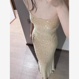 吊带连衣裙 欧美风轻奢高级感晚会礼服贴钻设计收腰包臀长款