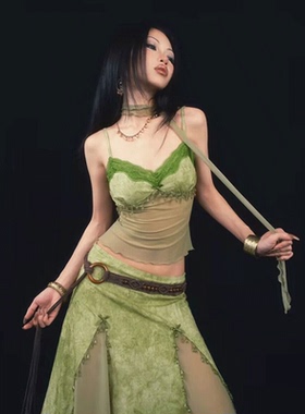 NUTO 绿色扎染提花时尚辣妹吊带设计感独特修身显瘦半身裙两件套