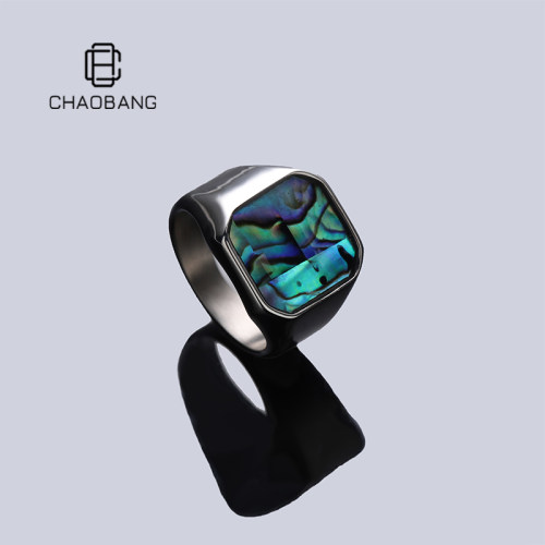 chaobang/潮邦 钛钢贝壳戒指 复古贝壳镶嵌方形戒指男高级感配饰