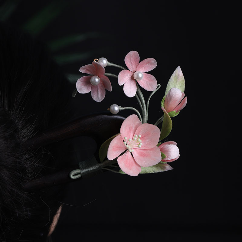 【杨桃花】蚕丝非遗绒花发簪新中式饰品檀木发簪原创汉服发饰古风