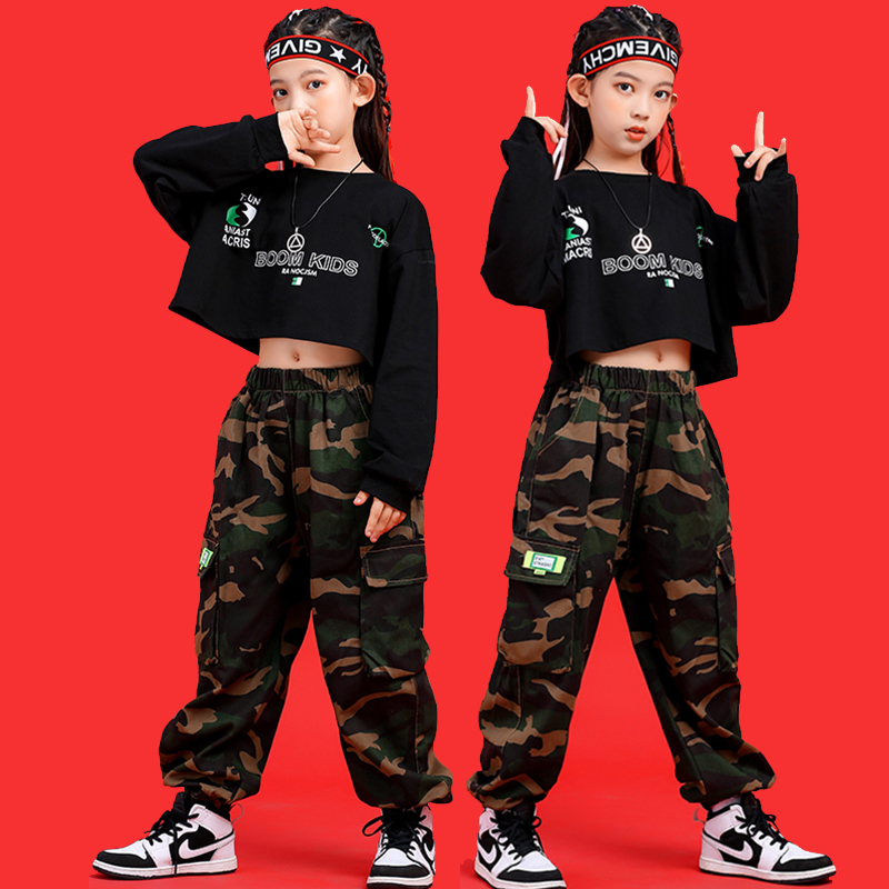 嘻哈风秋冬露脐迷彩工装裤演出服