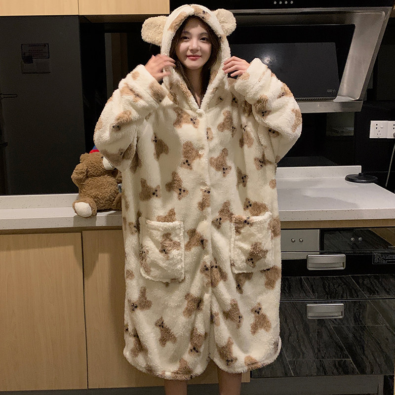 睡衣女睡裙珊瑚绒加绒加厚秋冬季款少女卡通可爱初中学生加大加肥