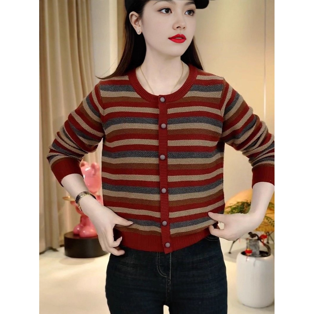 进口羊绒开衫女新款圆领针织衫外套女百搭拼接条纹毛衣妈妈装时尚