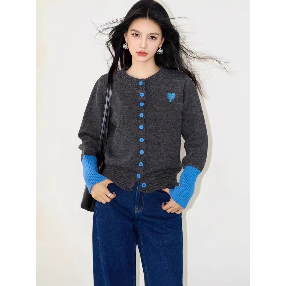 进口羊绒毛衣外套2025春秋新款圆领拼接针织开衫高级感宽松慵懒风