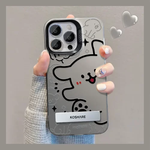 适用苹果13手机壳iphone15可爱线条小狗支架14promax彩银磨砂XR女