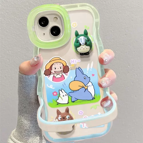 适用苹果15手机壳iPhone13/12可爱龙猫公仔14波浪边隐形双支架女