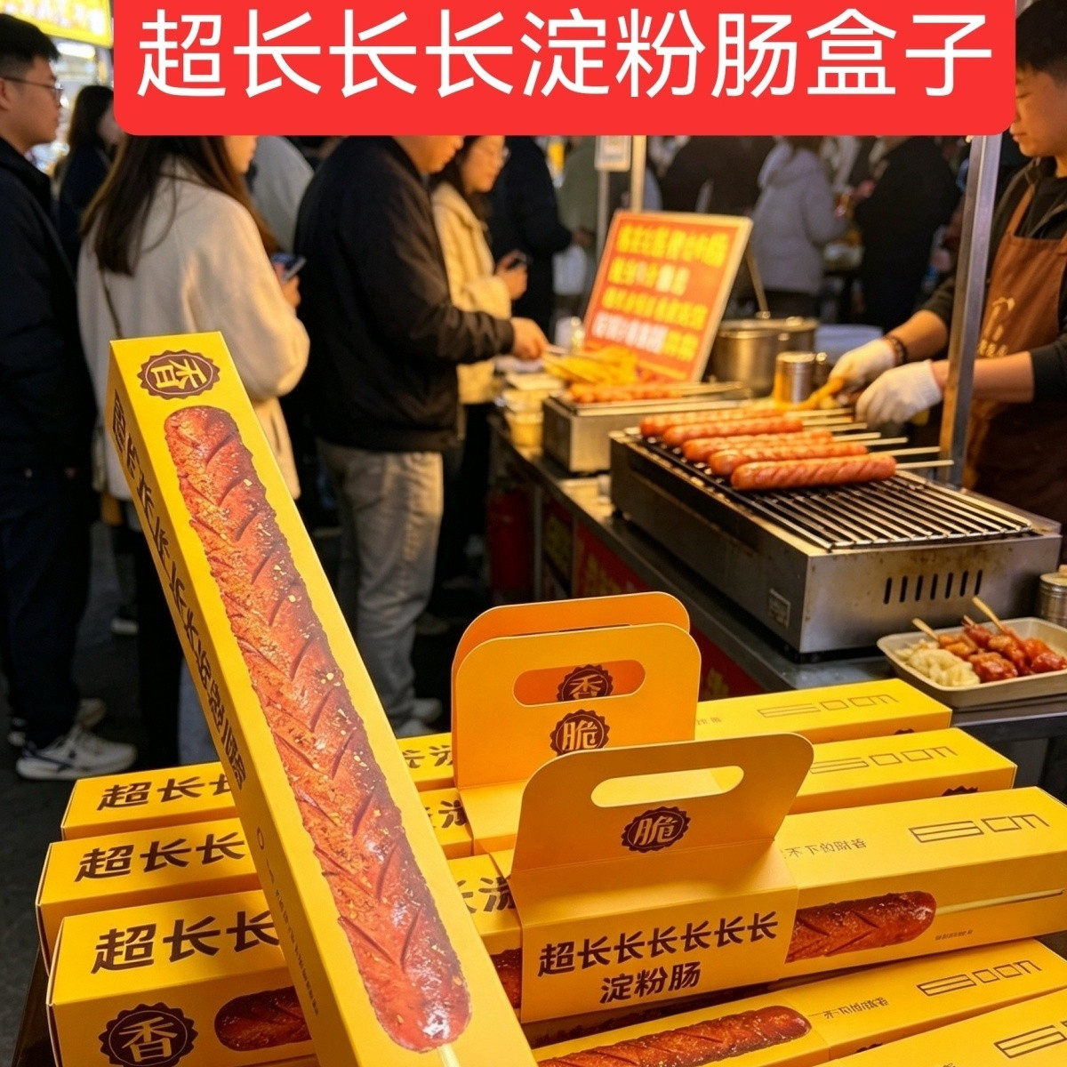 网红超长长长长淀粉肠包装盒手提式淀粉肠一次性打包盒子空盒内托