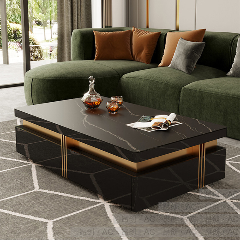 新款黑色正方形岩板茶几简约客厅家用高级感电视柜现代轻奢茶几桌