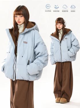 AONW美式覆古冬季新款90白鸭绒羽绒服女潮牌撞色户外保暖连帽外套