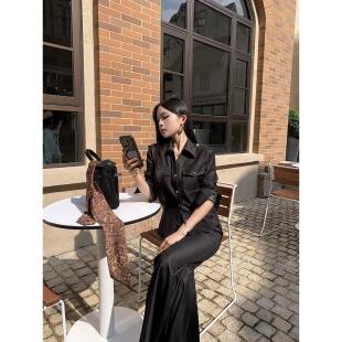 丹宁套装 衬衫 前卫通勤丹宁牛仔套装 喇叭裤 两件套女 秋季 CHUYUQI