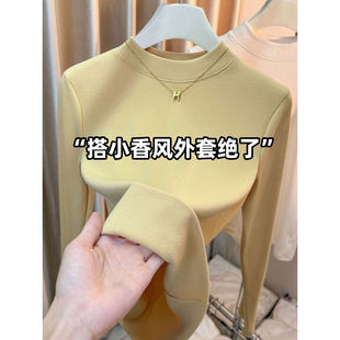 显瘦螺纹T恤上衣潮 女修身 秋冬新款 磨毛加绒半高领黄色内搭打底衫