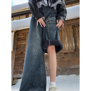 子胖mm宽松阔腿裤 冬梨型身材bf慵懒风裤 女大码 复古加绒加厚牛仔裤