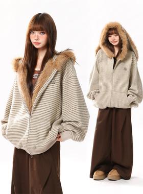 AONW秋季新款美式潮牌条纹兔耳开衫卫衣女连帽情侣可拆卸毛领外套