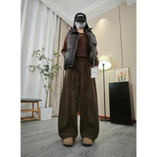 女冬季 阔腿裤 裤 小个子直筒裤 子加绒弯刀裤 纯色慵懒宽松抽绳休闲裤