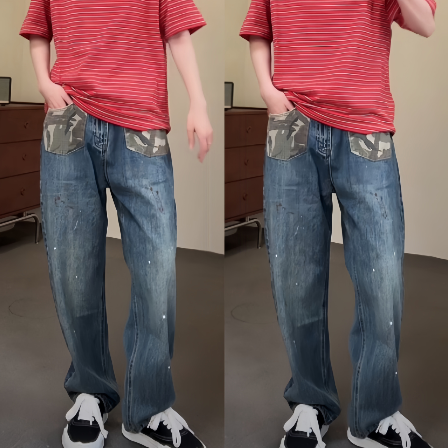 春季新款复古彩拼接直筒牛仔裤男士潮流个性休闲百搭款蓝色长裤