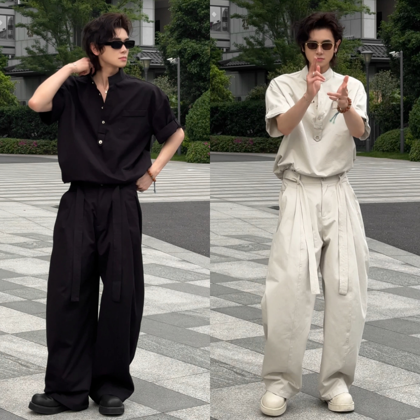 高级感小众夏季新款设计感时尚潮流百搭短袖上衣宽松阔腿裤套装男