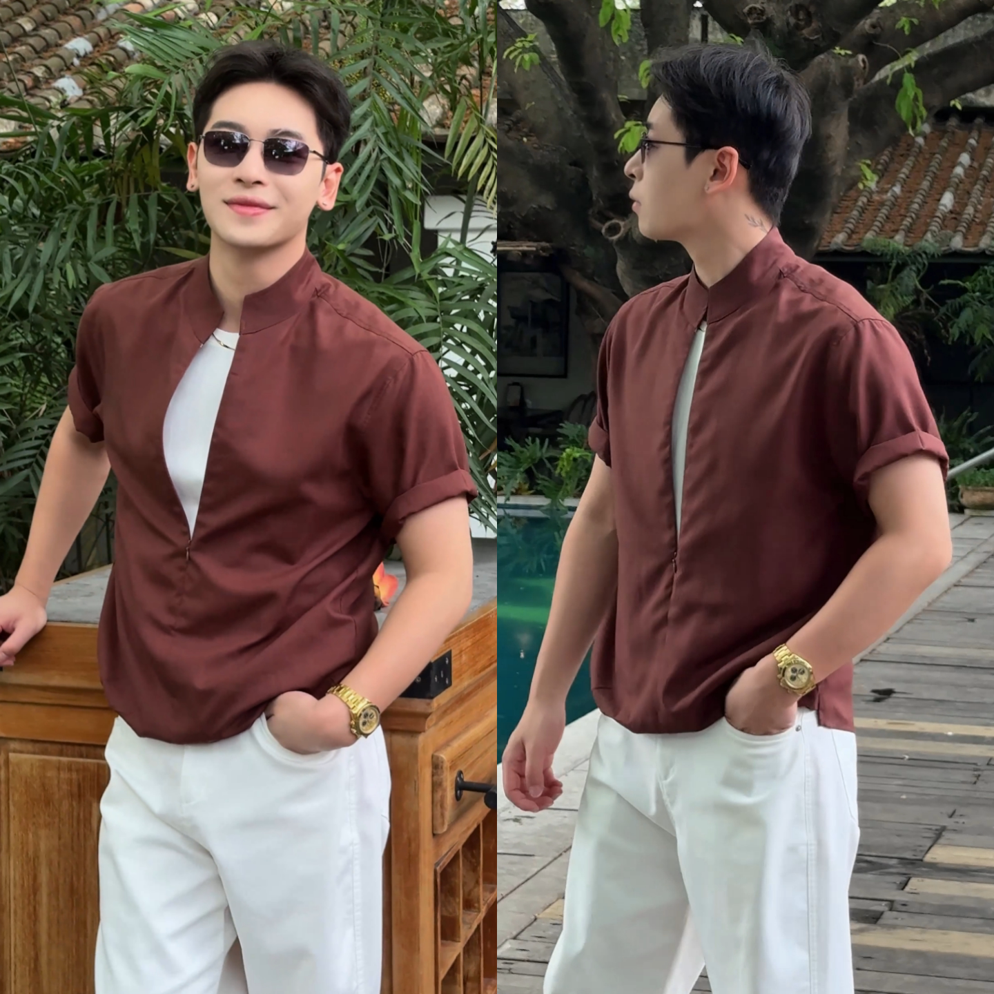 2026年春季新款老钱风立领短袖男假两件极简休闲百搭款上衣高级感