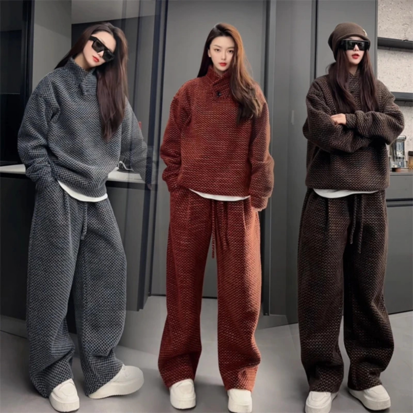 冬季新款加绒重磅连帽卫衣卫裤两件套简约高级感休闲套装小众潮流