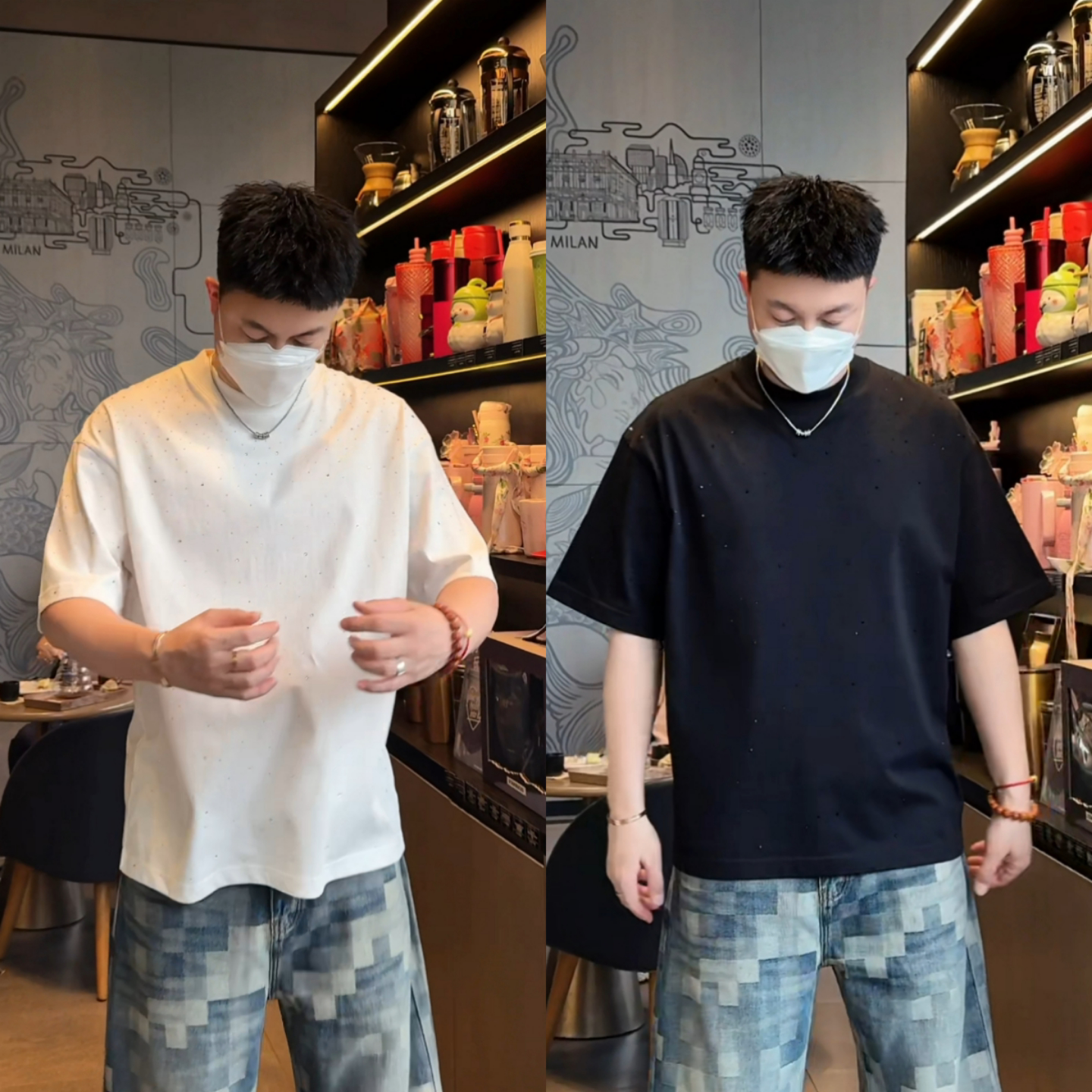 2026年春季新款满天星烫钻短袖T恤男士潮流时尚圆领宽松半袖上衣