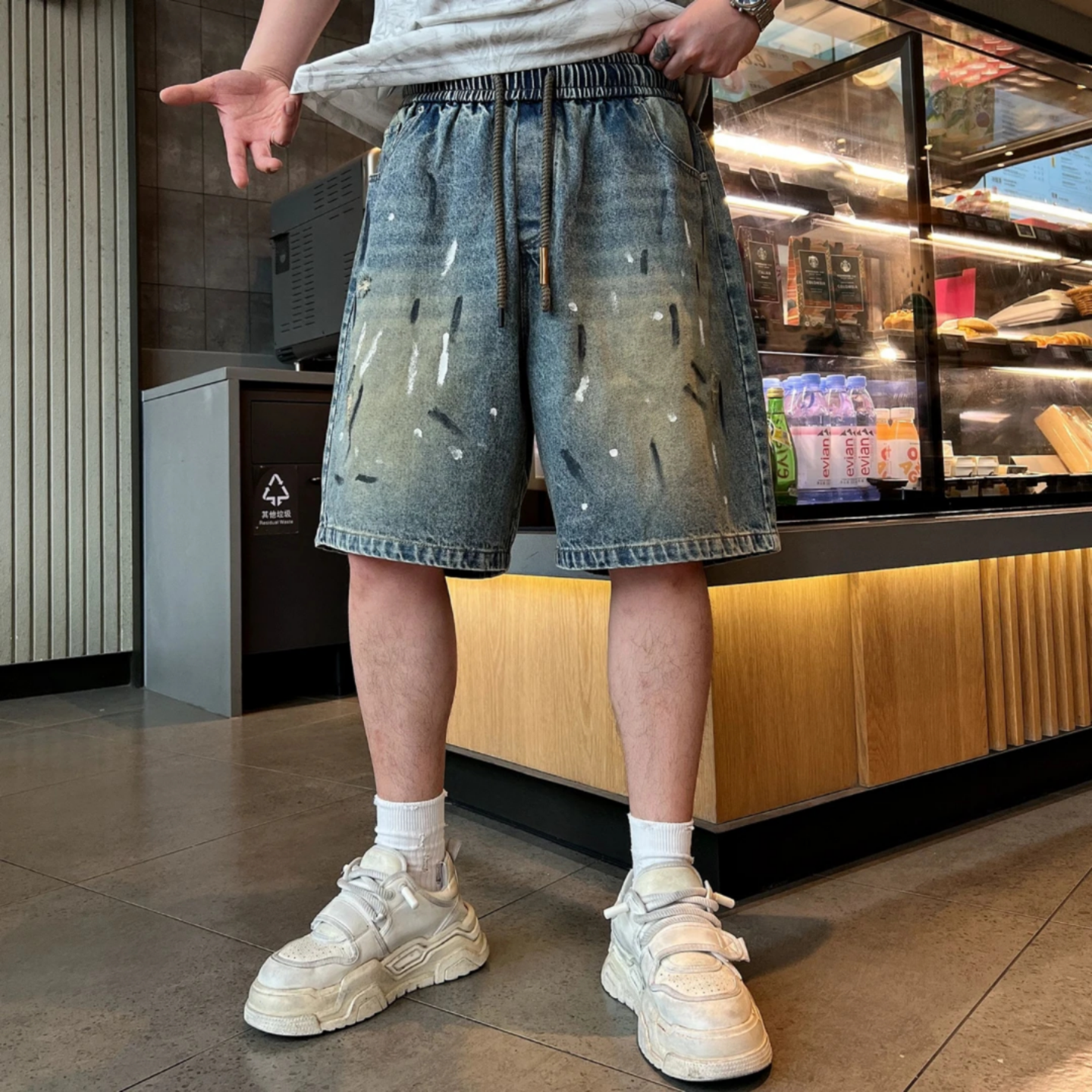 夏季新款男士美式高街潮流休闲复古泼墨破洞牛仔短裤弹直筒五分裤