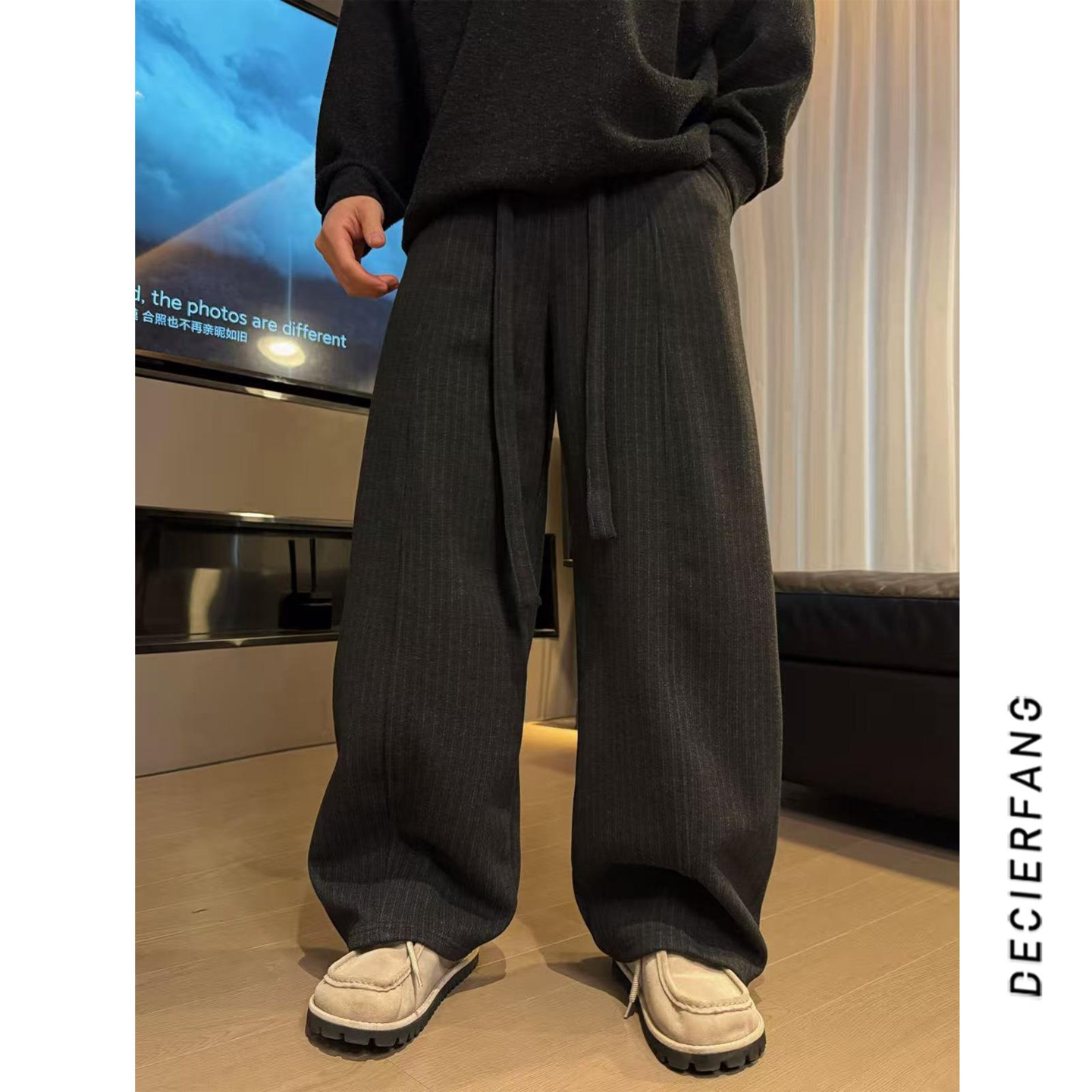 重磅加绒竖条纹休闲裤冬季新品男士时尚韩系设计师款长裤百搭简约