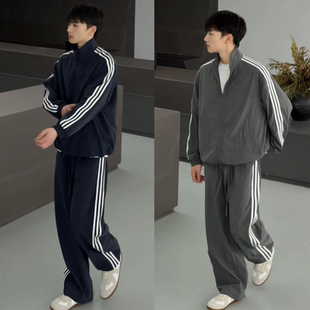 宽松条纹开衫 2026年春季 卫衣两件套潮流 男士 休闲运动套装 新款 韩式
