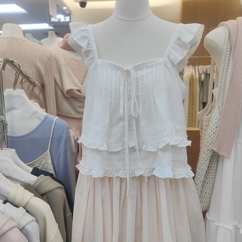精致减龄！白色法式棉质蕾丝拼接荷叶边小飞袖衬衫假两件上衣夏季