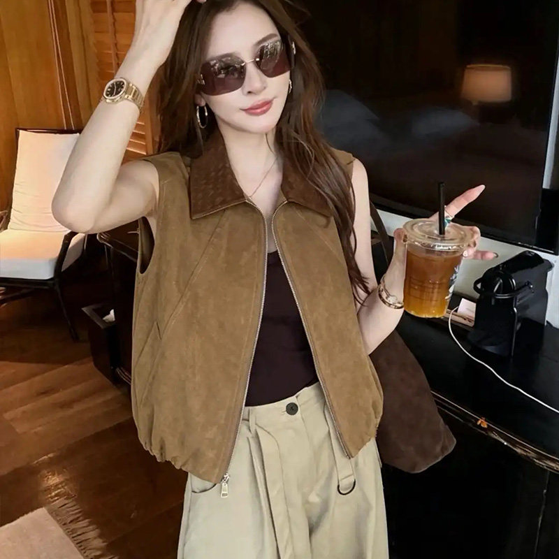 复古麂皮绒时尚翻领显瘦马甲女