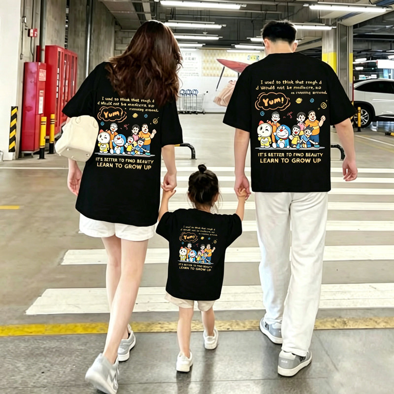 哆啦A梦亲子装一家三四口母女高端夏季纯棉短袖t恤母子全家装半袖