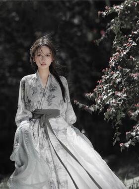 [水墨兰亭]国风新中式女装汉服成人灰色交领连衣裙魏晋风清冷古装
