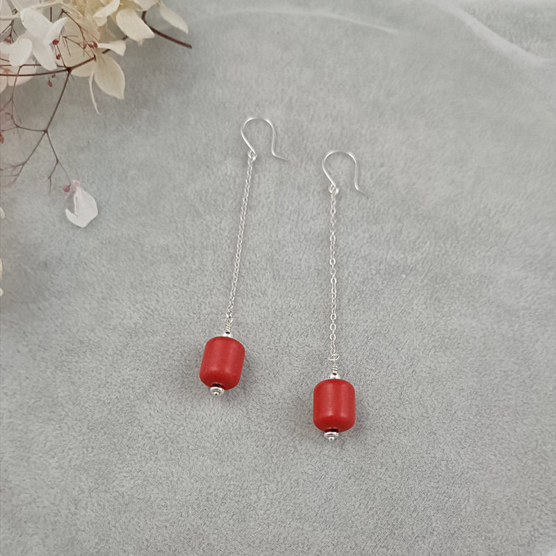 999足银耳钩红色朱砂长耳坠