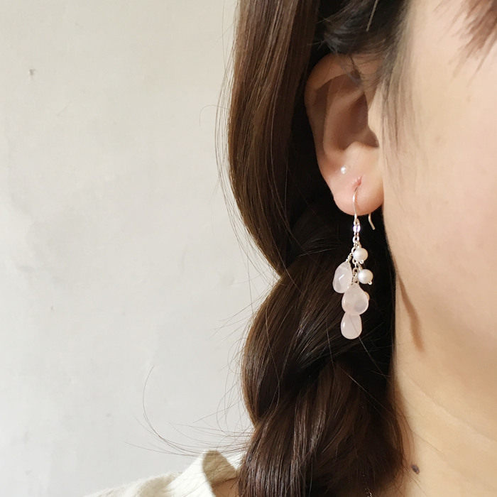 手工新品足银999纯银甜美天然珍珠粉晶水滴波浪流苏长耳环耳坠女