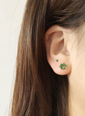 手工999足银耳针切面祖母绿玉髓闪珠小花朵2mm绿色小耳钉耳骨钉女