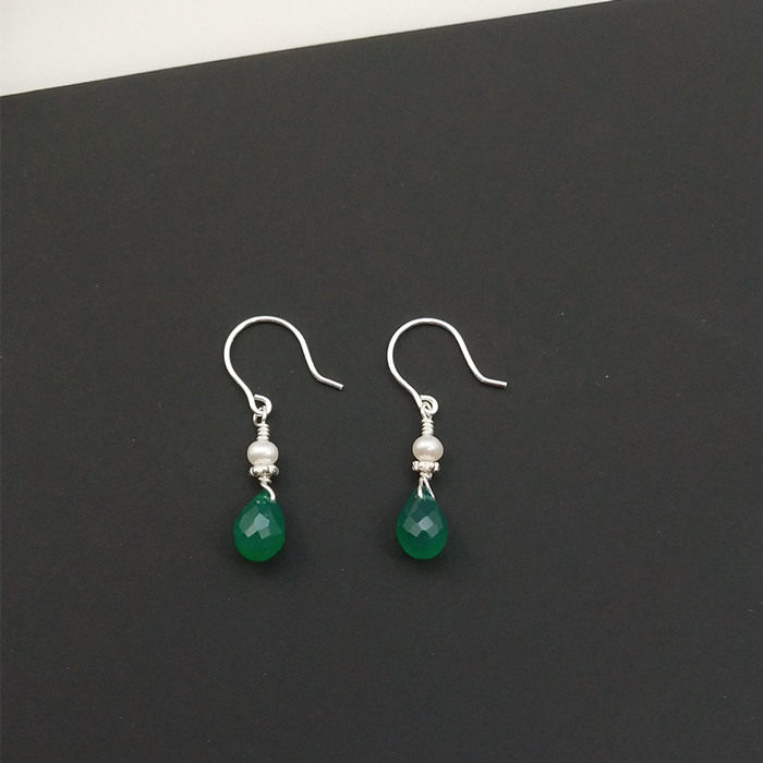 手作足银999纯银耳钩切面绿玉髓小水滴珍珠小耳环耳坠养耳防过敏