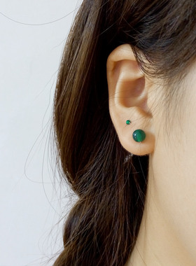 手工999纯银足银麻花耳针绿玛瑙小耳钉养耳防过敏绿色耳骨钉女