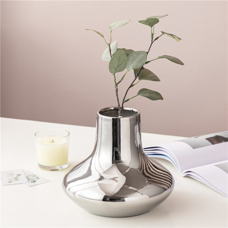 促现代简约样板间餐桌台面插花器装饰品银色电镀陶瓷大号花瓶摆件