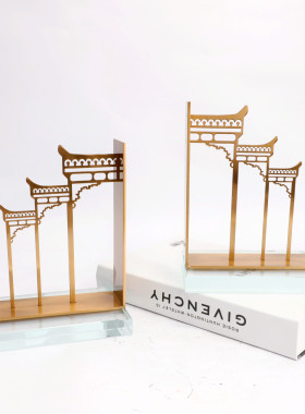 新中式水晶金属建筑牌坊书挡样板间书房办公室书桌桌面装饰品摆件
